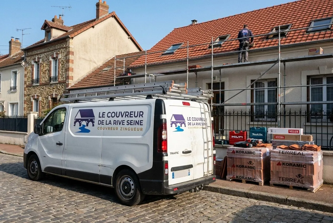 Camionnette du Couvreur de la Rive Seine devant un pavillon en chantier de toiture à Melun, palettes de tuiles et Velux
