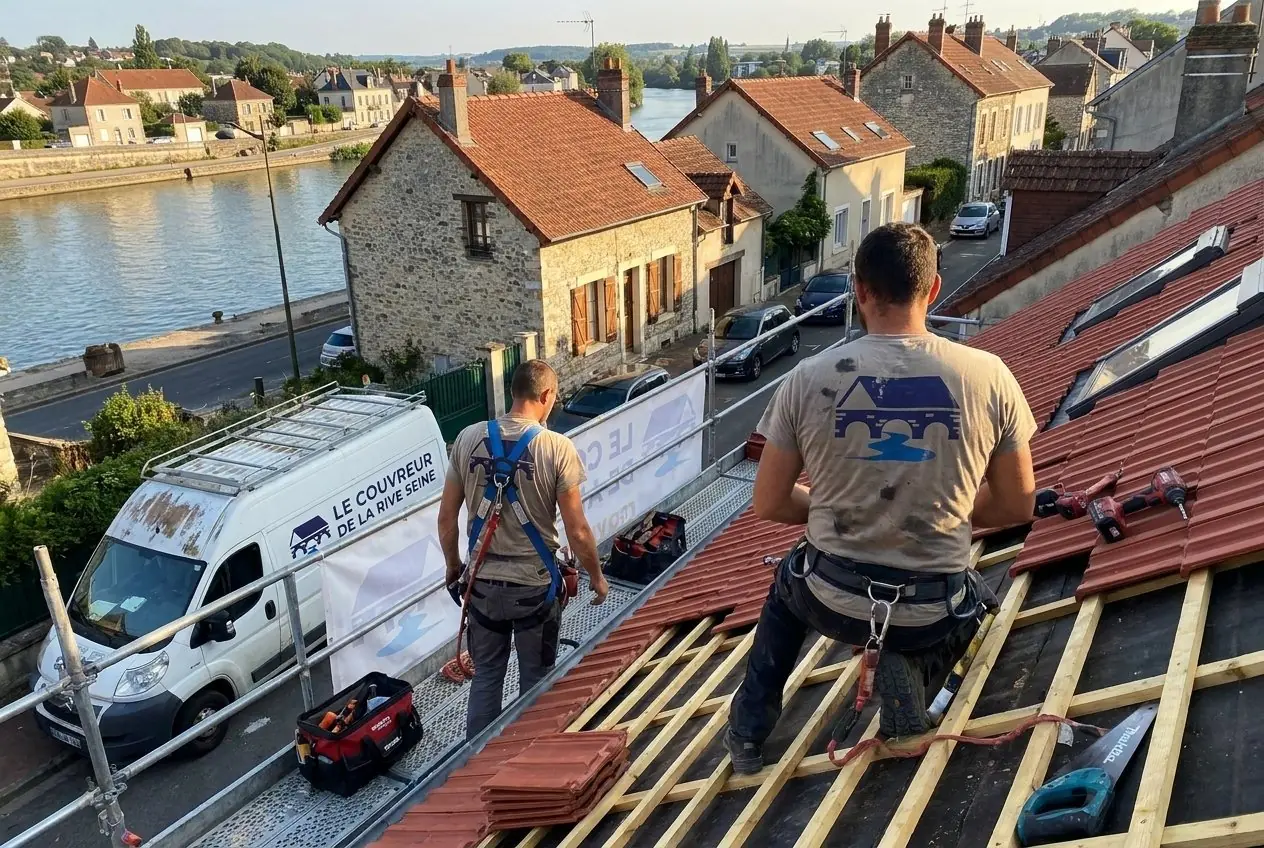 Couvreurs du Couvreur de la Rive Seine posant des tuiles sur un toit au bord de la Seine à Melun