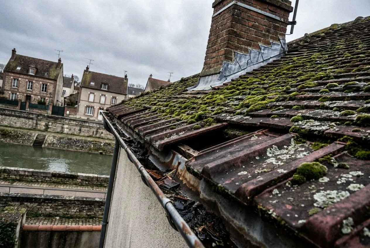 Avant : toiture en tuiles moussues et cassées avec gouttière bouchée, maison au bord de la Seine à Melun