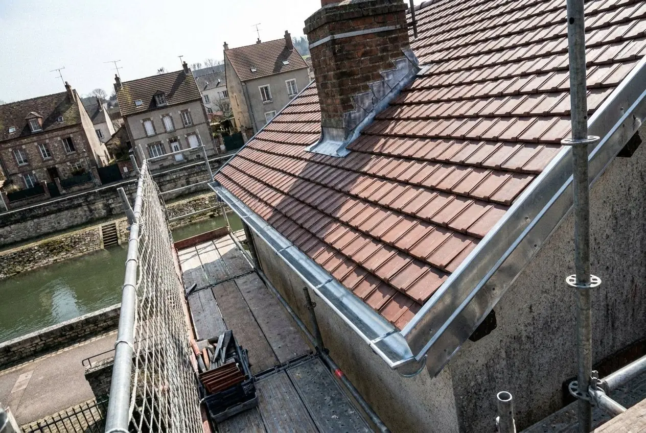Après : toiture en tuiles neuves, gouttière et solin en zinc refaits au bord de la Seine à Melun